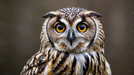 Obraz premium A brown and white owl with yellow eyes is staring at the camera. The owl's eyes are large and bright, and its fur is spotted. The owl appears to be looking directly at the viewer. Generative AI.