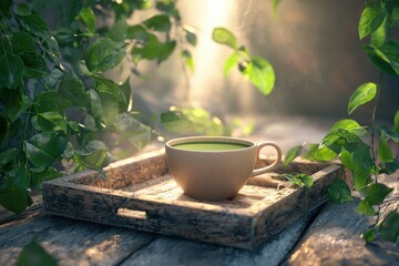 Zen atmosphere with a cup of matcha on a mocha mousse nature lush greenery tranquil setting