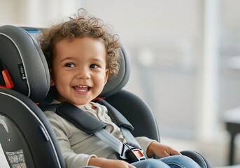 Smiling young hispanic child in car seat