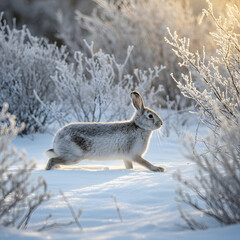 Naklejka premium Snowy Hare Running Through Frosty Bushes in Winter Landscape