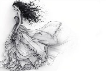 Fototapeta premium A graceful woman in a flowing dress, embodying elegance and freedom, with long tousled hair billowing in the wind.