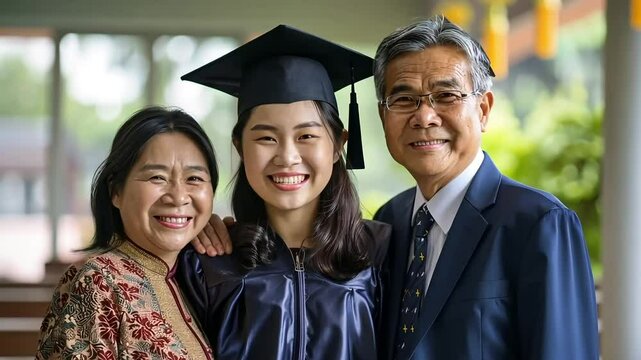 Happy asian student girl finished university on the ceremony with parents posing to camera and smiling	