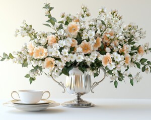 Obraz premium Elegant wedding flower centerpiece on reception table indoor floral arrangement romantic atmosphere close-up view