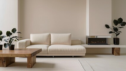 Minimalist Living Room Sanctuary: Tranquility and elegance converge in this serene living room, featuring a plush white sofa, a rustic wooden coffee table, and a modern fireplace.