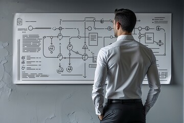 Strategic Vision: A businessman stands thoughtfully before a large flowchart, visualizing the path to success. This photo embodies the essence of strategic planning.
