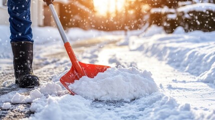 A man using a sturdy snow shovel to clear a snow-covered driveway on a sunny winter morning, showcasing effort and determination.