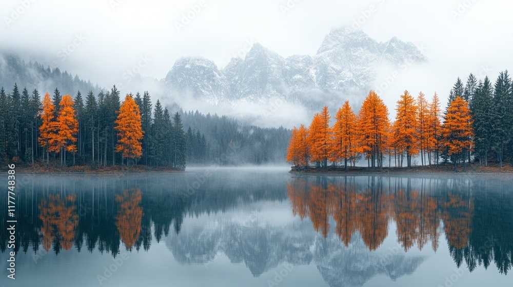 Wall mural Misty lake reflecting colorful autumn trees and snowy mountains.