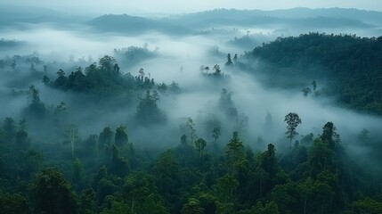 Misty rainforest landscape, dense foliage, shrouded in a tranquil fog.