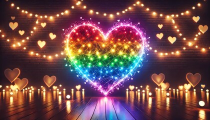 Luminous heart, with the colors of the LGBT+ community, Valentine's Day banner, created with Geberative A.I.
