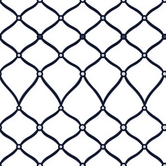 Naklejka premium Geometric pattern featuring interwoven shapes with circular nodes, ideal for backgrounds or textile designs.