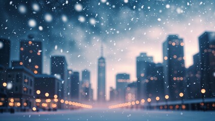 Fototapeta premium Winter evening snowfall blankets the city skyline in soft white flakes
