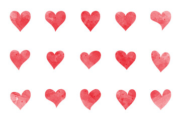 Watercolor hearts in shades of pink and red. Watercolor hearts aligned in a row. Pink and red hearts, soft texture. Heart shapes in watercolor. Watercolor Valentine's illustration isolated.