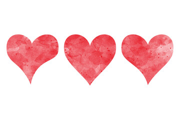 Watercolor hearts in shades of pink and red. Watercolor hearts aligned in a row. Pink and red hearts, soft texture. Heart shapes in watercolor. Watercolor Valentine's illustration isolated.