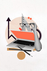 Vertical sketch 3d artwork collage poster of anonym human hand hold glasses freelancer job laptop device arrow development ruler
