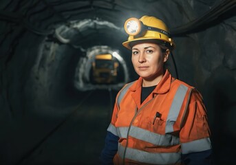 Female miner in safety gear working underground tunnel