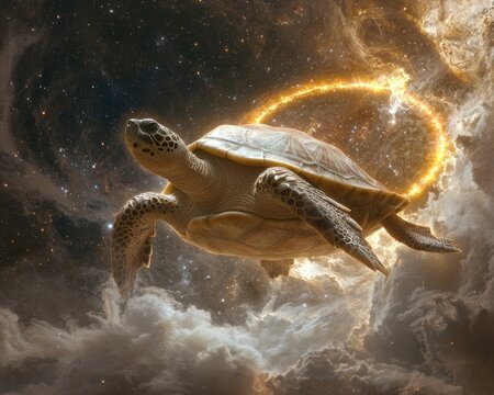 Winged turtle floating in celestial sky digital art cosmic environment surreal viewpoint