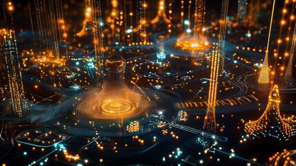 A computer generated image of a cityscape with many lights and glowing orbs