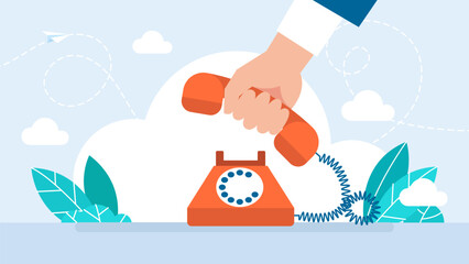 Hand picking up the phone. Make a call. Pick up the phone icon or print. Isolated on white. Hand picking up phone on white background. Phone answer concept. Vector illustration