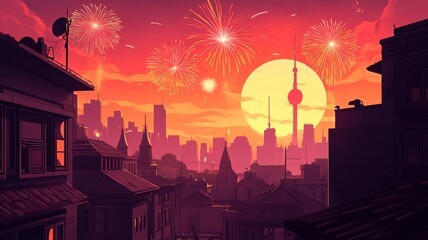 Fototapeta premium A vibrant cityscape at sunset with fireworks celebrating New Year, showcasing buildings and skyline