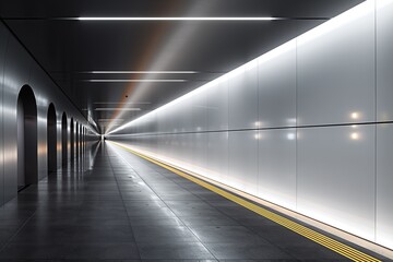 A modern, lit subway corridor with sleek lines and glowing elements creating a sense of depth and tranquility.