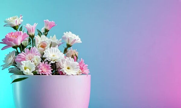 Pastel flowers in hatbox, teal pink backdrop