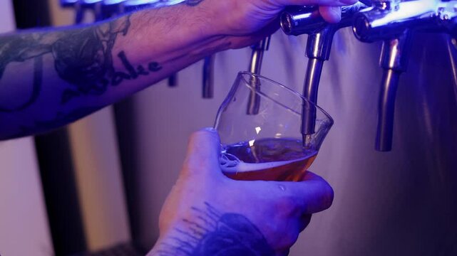 Pouring Craft Beer, Man Bartender pour lager from Tap into Pint Glass at Restaurant Bar Brewery, ipa apa
