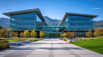 Obraz premium Modern glass office building with landscaping.