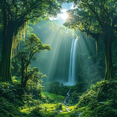 A dense rainforest ecosystem with towering trees covered in moss, vibrant wildlife like toucans, jaguars, and monkeys, a cascading waterfall in the background, and sunlight streaming through the canop
