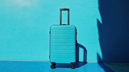 Obraz premium Clean lines and bold colors: a vibrant blue suitcase placed on a seamless blue surface, perfect for modern travel ads.