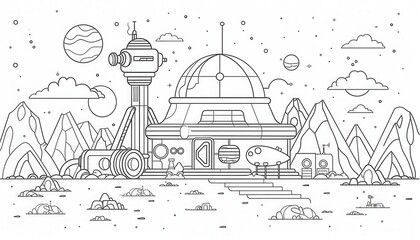 A whimsical line art illustration of a lunar base with a large dome, a telescope, and a small rocket ship. Ideal for space-themed coloring pages or children's book illustrations.