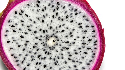 Whole halved dragon fruit white flesh black seeds on white background