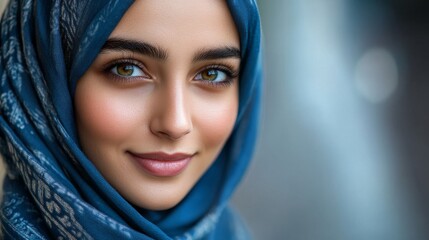 Naklejka premium A young woman wearing a teal patterned hijab smiles gently
