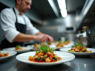 Chef preparing a colorful vegetable dish in a busy kitchen during a dinner service
