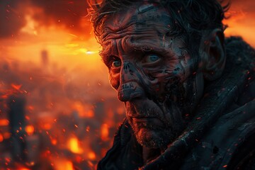A pronounced expression of survival amidst a devastated landscape in hues of orange and red.