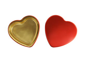 heart shape storage box with lid cover isolated on transparent, open red aluminum box with gold inside, luxury valentine gift