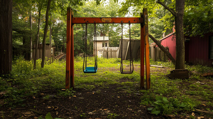 Abandoned playground overtaken by nature and waste in a secluded area