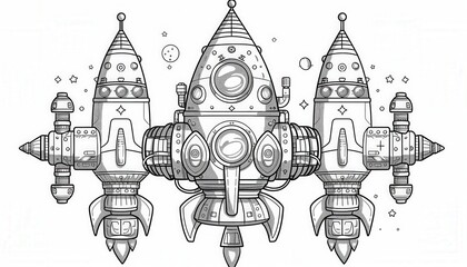 Intricate spaceship design with three rocket boosters and a central cabin. Perfect for coloring books, t-shirt designs, or posters.