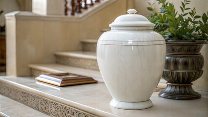 White marble luxury cremation urn on a decorative staircase with plants and a photo frame