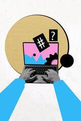 Vertical photo collage of hands type keypad laptop keyboard settings gearwheel development it-specialist isolated on painted background