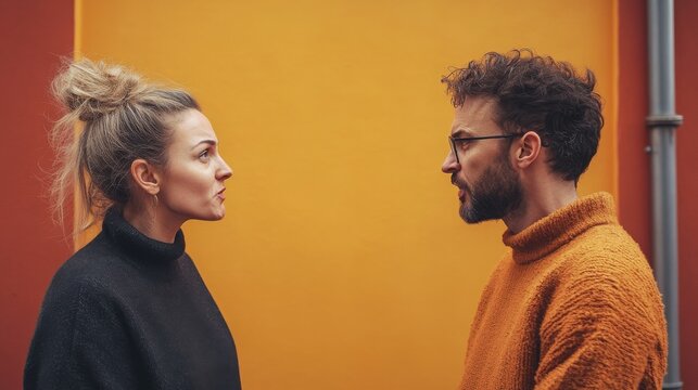 Young Couple Arguing Against A Yellow Wall