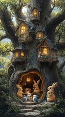 Whimsical Woodland Creature Village Nestled in Hollowed Tree with Warm Lighting