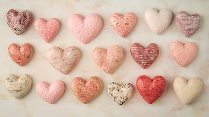 Fototapeta premium A variety of hearts in pastel pink filled with love scattered on a gentle background