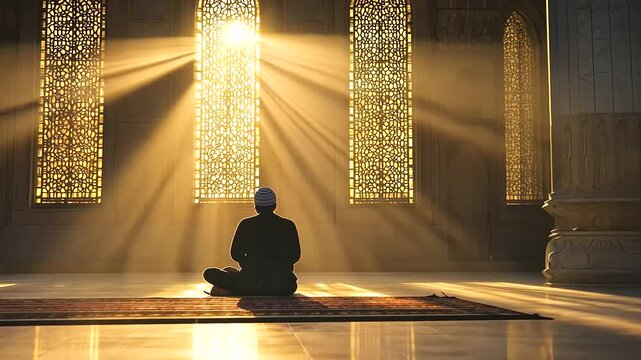 Silhouette of Person Praying at Dawn in Mosque