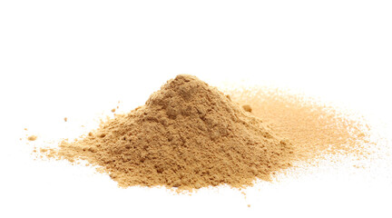 Red maca organic powder pile isolated on white, side view