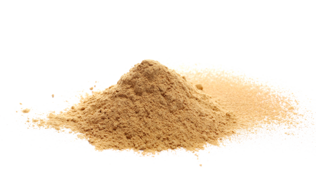 Red maca organic powder pile isolated on white, side view