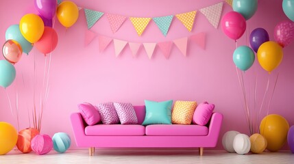 Vibrant and festive interior scene with a pink sofa, colorful balloons, and bunting decorations, suitable for a celebration or party