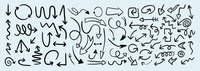 Set of simple lines hand drawn black arrows in various style. Set of simple of hand drawn black arrows. Set of simple lines hand drawn black arrows. Various of simple lines arrows collection
