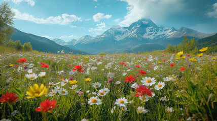 A picturesque meadow with vibrant flowers nestled in the serene mountains
