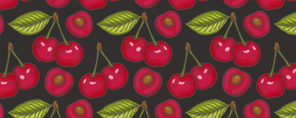 Vector cherry seamless pattern on black background. Hand drawn illustration of summer fruit. Fresh design great for wallpaper, gift wrap, fabric.