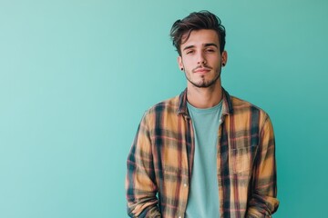 Fototapeta premium Stylish Young Man Posing Against a Vibrant Turquoise Background
